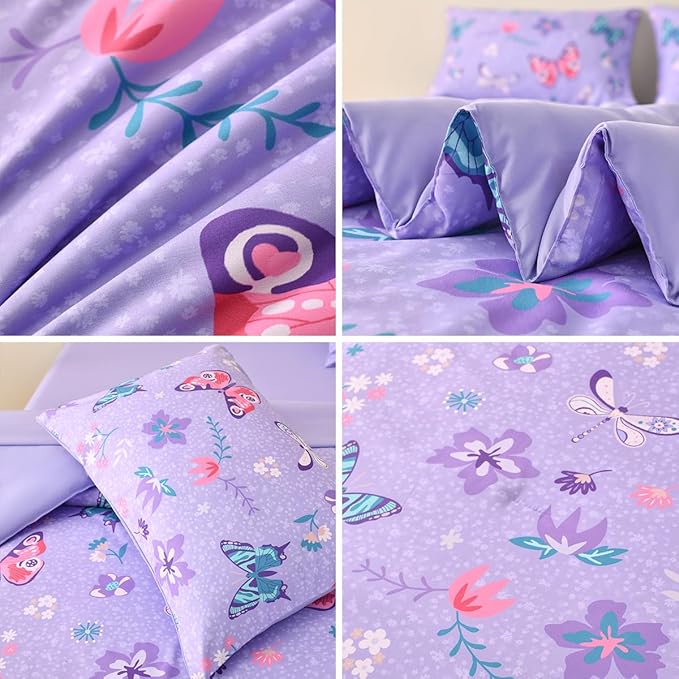 Butterfly Bedding Set Twin, Purple Butterfly Comforter Set for Girls Kids Teens 6 pcs Bed in a Bag Twin Bedding Sets for Girls - LeafyLoom