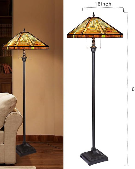 Capulina Tiffany Floor Lamp 2-Light 16X16X63 Inches Amber Brown Mission Antique Style Stained Glass Standing Reading Light for Living Room Bedroom Home Office - LeafyLoom
