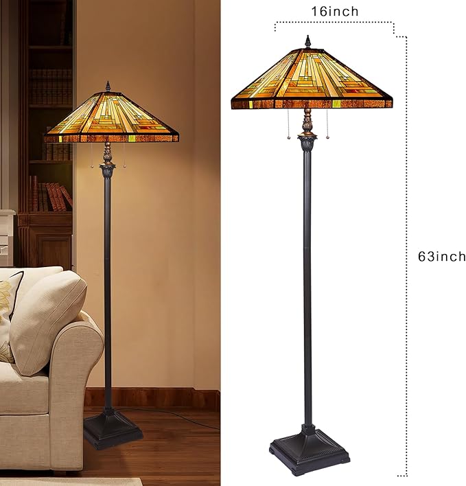 Capulina Tiffany Floor Lamp 2-Light 16X16X63 Inches Amber Brown Mission Antique Style Stained Glass Standing Reading Light for Living Room Bedroom Home Office - LeafyLoom
