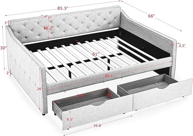 Queen Size Upholstered Tufted Daybed with Two Pull Out Drawers Bed, Button Polyester on Back, Waved Shape Arms,No Need Boxing Spring, for Bedroom, Living Room, Grey - LeafyLoom
