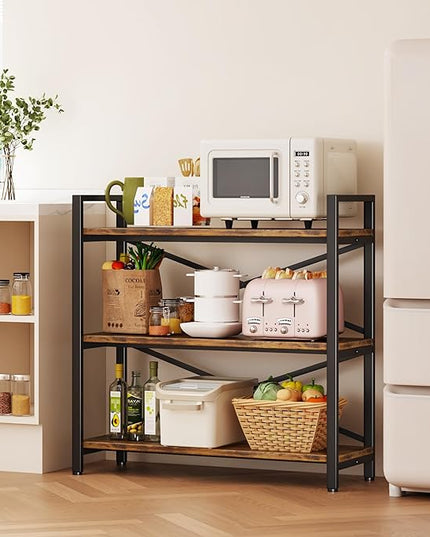 3 Tier Bookshelf 31.49" Width, Wood and Metal Etagere Bookcase, Vintage Farmhouse Modern Wooden Big Book Shelf for Home Living Room Bedroom Office Storage(Rustic Brown) - LeafyLoom