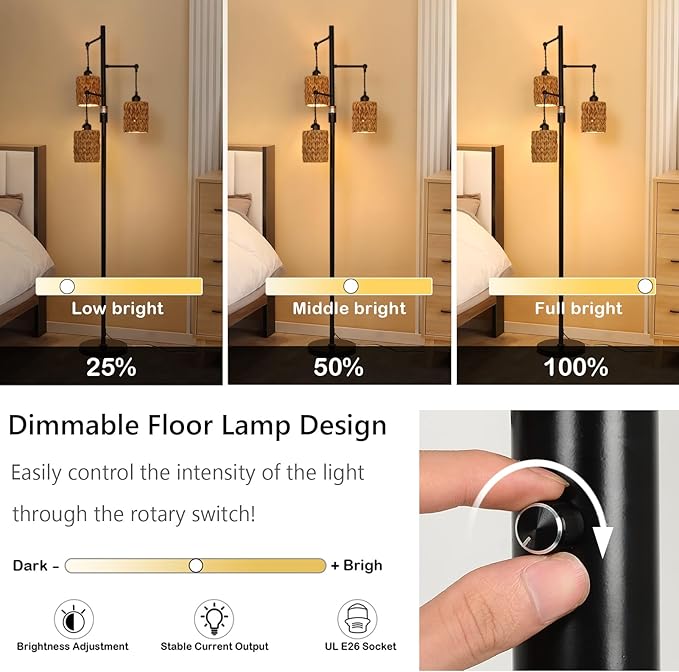 Rattan Floor Lamp, 3-Lights Boho Floor Lamp with Stepless Dimmer, Farmhouse Rustic Floor Lamps for Living Room, Tall Floor Lamp with Rattan Shades, Dimmable Standing Lamp for Bedroom - LeafyLoom