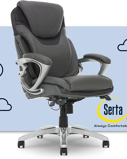 Serta Bryce Executive Office Chair, Ergonomic Computer DeskChair with Patented AIR Lumbar Technology, Comfortable Layered Body Pillows for Cushioning, SertaQuality Foam, Bonded Leather, Gray - LeafyLoom