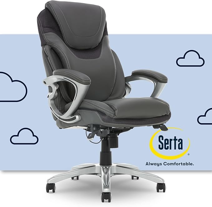 Serta Bryce Executive Office Chair, Ergonomic Computer DeskChair with Patented AIR Lumbar Technology, Comfortable Layered Body Pillows for Cushioning, SertaQuality Foam, Bonded Leather, Gray - LeafyLoom