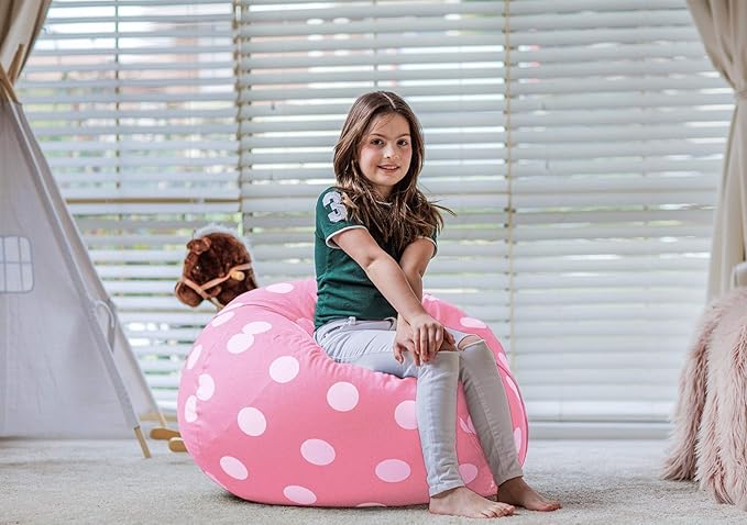 Wekapo Stuffed Animal Storage Bean Bag Chair Cover for Kids | Stuffable Zipper Beanbag for Organizing Children Plush Toys Large Premium Cotton Canvas (Pink Dot, X-Large) - LeafyLoom