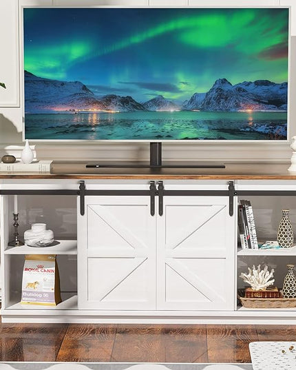 YESHOMY Farmhouse TV Stand and Entertainment Center for Televisions up to 65 Inchs, with Sliding Barn Doors and Storage Cabinets, Console Table and Media Furniture for Living Room, 58 Inch, Milk White - LeafyLoom