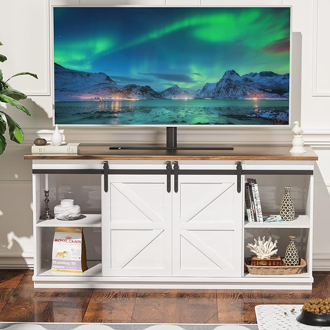 YESHOMY Farmhouse TV Stand and Entertainment Center for Televisions up to 65 Inchs, with Sliding Barn Doors and Storage Cabinets, Console Table and Media Furniture for Living Room, 58 Inch, Milk White - LeafyLoom