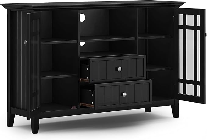 SIMPLIHOME Bedford SOLID WOOD Wide Transitional Media Stand for TVs up to 60 inches for The Living Room and Entertainment Center, 53 inch, Black - LeafyLoom