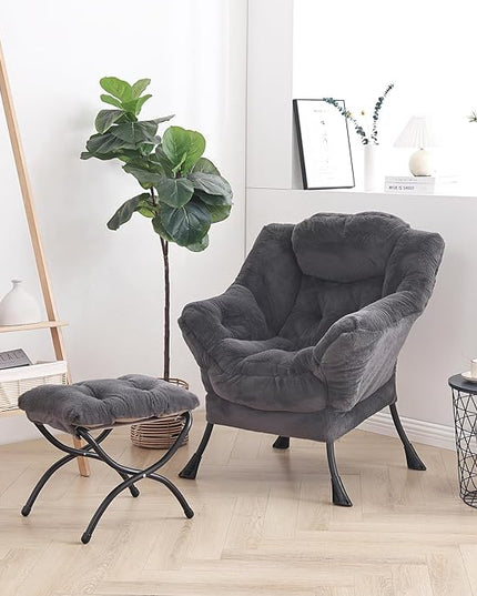 LITA Lazy Chair with Ottoman, Modern Accent Leisure Upholstered Sofa Chair, Lounge Reading Chair with Armrests and a Side Pocket for Living Room, Bedroom & Small Space, Plush Navy - LeafyLoom