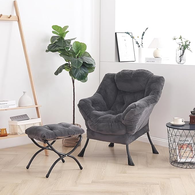 LITA Lazy Chair with Ottoman, Modern Accent Leisure Upholstered Sofa Chair, Lounge Reading Chair with Armrests and a Side Pocket for Living Room, Bedroom & Small Space, Plush Navy - LeafyLoom