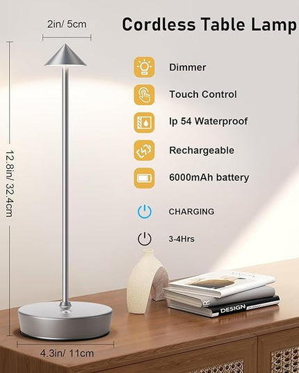 Set of 2 Rechargeable Cordless Table Lamp,6000mAh LED Battery Operated Desk Lamp Touch 3 Color Dimming Portable Outdoor Waterproof Table Light for Patio/Restaurant/Dining/Home (Silver) - LeafyLoom