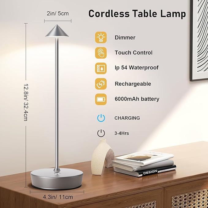 Set of 2 Rechargeable Cordless Table Lamp,6000mAh LED Battery Operated Desk Lamp Touch 3 Color Dimming Portable Outdoor Waterproof Table Light for Patio/Restaurant/Dining/Home (Silver) - LeafyLoom