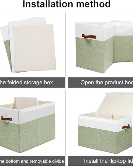 Large Toy Storage Box with Lid, Sturdy Toys Storage Chest Bin Organizer Basket with Dividers for Kids, Boys, Girls, Nursery, Closet, Bedroom, Playroom 25"x13" x16" (Green and White) - LeafyLoom