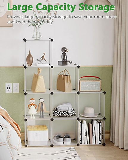 C&AHOME Cube Storage, 9-Cube Plastic Closet Cabinet Organizer, DIY Stackable Bookshelf, Modular shelving Units Ideal for Home, Office, Kids Room, 36.6"L x 12.4" W x 48.4" H Translucent White SBTM3009A - LeafyLoom