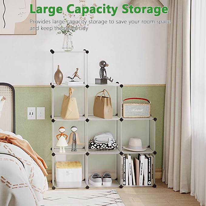 C&AHOME Cube Storage, 9-Cube Plastic Closet Cabinet Organizer, DIY Stackable Bookshelf, Modular shelving Units Ideal for Home, Office, Kids Room, 36.6"L x 12.4" W x 48.4" H Translucent White SBTM3009A - LeafyLoom