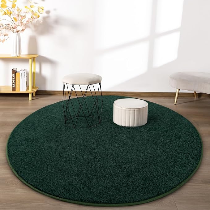 Round Area Rugs for Bedroom Living Room, 5x5 Dark Green Super Soft Comfy Thickened Memory-Foam Indoor Circle Carpet, Modern Aesthetic Minimalist Carpet for Boys Girls Adults Nursery Home Décor - LeafyLoom