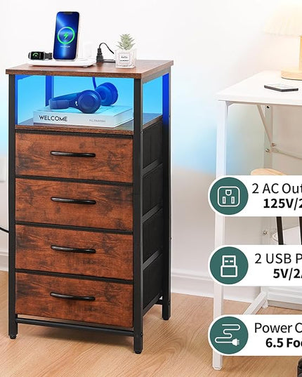 Yoobure Night Stand - LED Nightstand with Charging Station, Bedside Table with 4 Fabric Storage Drawers and Storage Shelf, End Table with USB Ports and Outlets, Tall Dresser for Bedroom - LeafyLoom