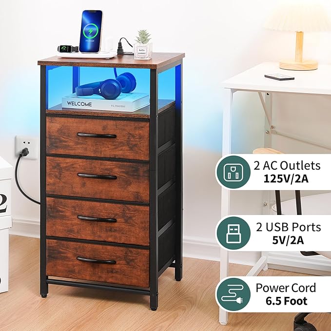 Yoobure Night Stand - LED Nightstand with Charging Station, Bedside Table with 4 Fabric Storage Drawers and Storage Shelf, End Table with USB Ports and Outlets, Tall Dresser for Bedroom - LeafyLoom