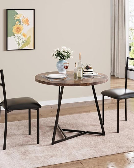 Dining Table Set for 2, Kitchen Table and Upholstered Chairs for 2, Round Dining Room Table Set with 2 Placemats, 3 Piece Dining Table Set for Small Space, Apartment, Studio, Rustic Brown - LeafyLoom