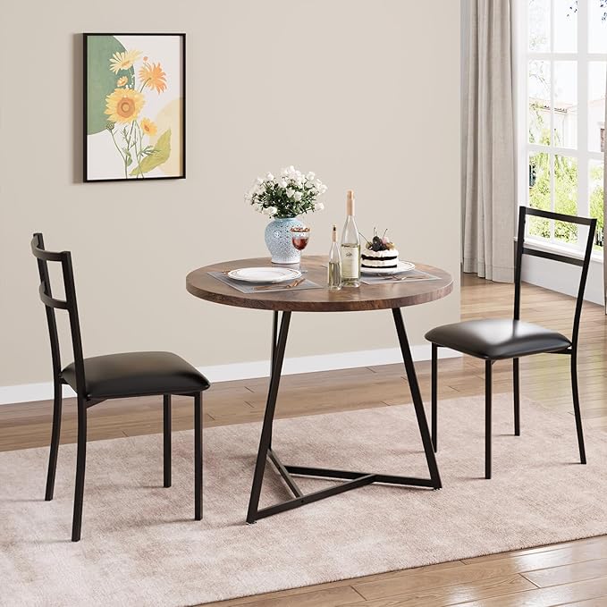 Dining Table Set for 2, Kitchen Table and Upholstered Chairs for 2, Round Dining Room Table Set with 2 Placemats, 3 Piece Dining Table Set for Small Space, Apartment, Studio, Rustic Brown - LeafyLoom