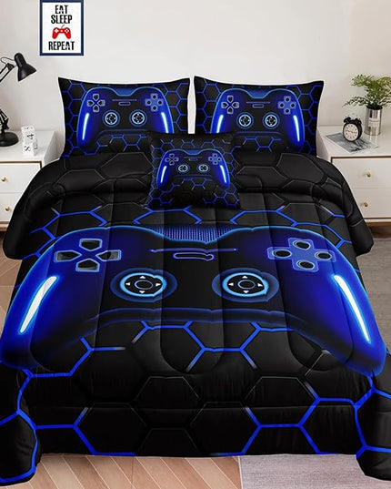 5 Pieces Bed in a Bag for Boys Bedding Sets Twin Size,Gamer Comforter Sets for Boys Kids, Gaming Comforter Set for Boys Room Decor with Flat Sheet,Fitted Sheet,Pillowcase,Cushion Cover - LeafyLoom