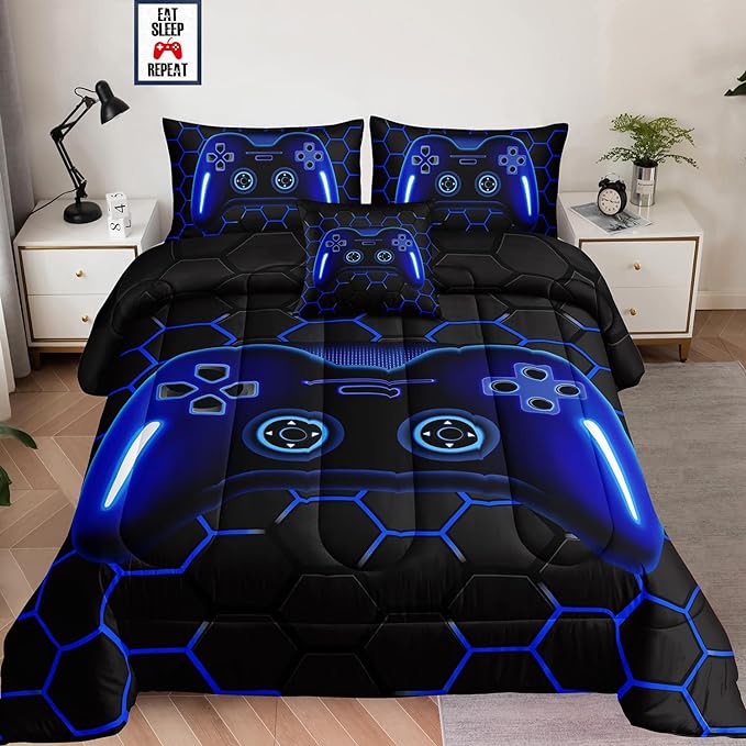 6 Pieces Bed in a Bag for Boys Bedding Sets Full Size,Gamer Comforter Sets for Boys Kids, Gaming Comforter Set for Boys Room Decor with Flat Sheet,Fitted Sheet,Pillowcase,Cushion Cover - LeafyLoom