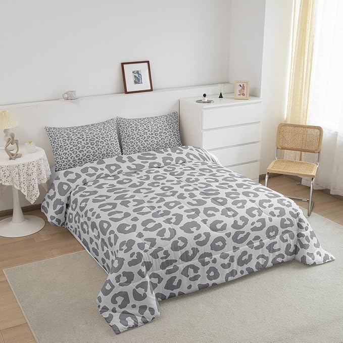 Feelyou Leopard Print Bedding Set Silver Gray Leopard Comforter Set for Boys Girls Kids Cheetah Printed Comforter Africa Wild Animal Skin Theme Duvet Set Room Decor Twin Size Quilt Set 2Pcs - LeafyLoom