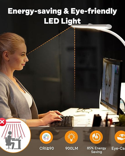 LED Desk Lamp for Home Office, Remote Control LED Desk Light with Color Changing Dimmable Computer lamp with Flexible Gooseneck, 24W, Double Head, White - LeafyLoom