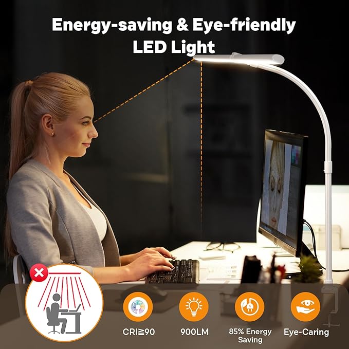 LED Desk Lamp for Home Office, Remote Control LED Desk Light with Color Changing Dimmable Computer lamp with Flexible Gooseneck, 24W, Double Head, White - LeafyLoom