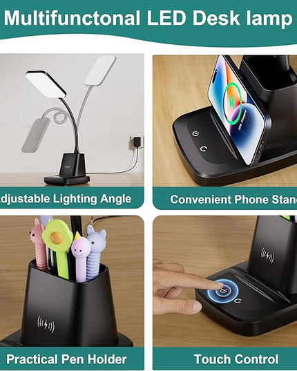 Cotanic LED Desk Lamps for Home Office with Wireless Charger, Stepless Dimmable, 3 Color Modes, Black Study Lamp for College Dorm Room, Touch Control, Pen Holder, CRI 90, 800 Lumen, Adapter Included - LeafyLoom