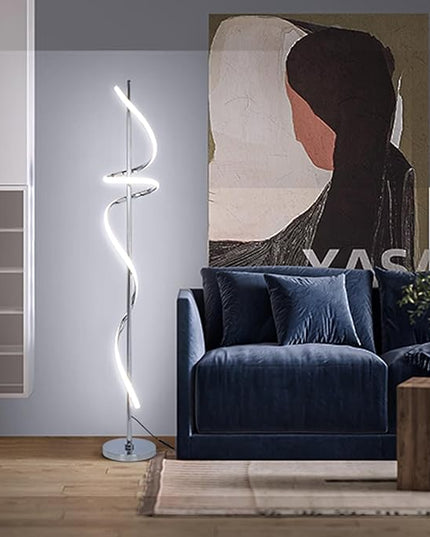 LED Modern Floor Lamp for Living Room,60" Spiral Floor Lamps with Remote Control,48W 3 Colors Stepless Dimmable Floor Standing Lamp Reading Corner Floor Tall Lamp for Bedroom Office - Chrome - LeafyLoom