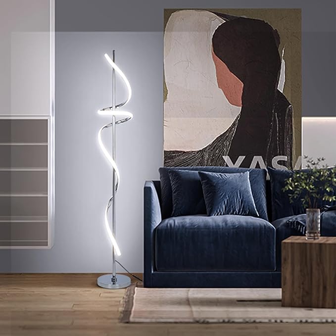 LED Modern Floor Lamp for Living Room,60" Spiral Floor Lamps with Remote Control,48W 3 Colors Stepless Dimmable Floor Standing Lamp Reading Corner Floor Tall Lamp for Bedroom Office - Chrome - LeafyLoom