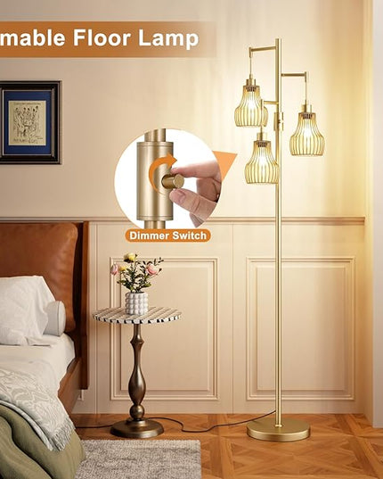 Dimmable Gold Floor Lamps for Living Room, Industrial Tree Standing Tall Lamps with 3 Elegant Cage Shade & 800 Lumens LED Bulbs for Bedroom Office - LeafyLoom