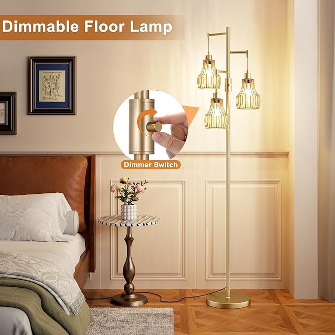 Dimmable Gold Floor Lamps for Living Room, Industrial Tree Standing Tall Lamps with 3 Elegant Cage Shade & 800 Lumens LED Bulbs for Bedroom Office - LeafyLoom