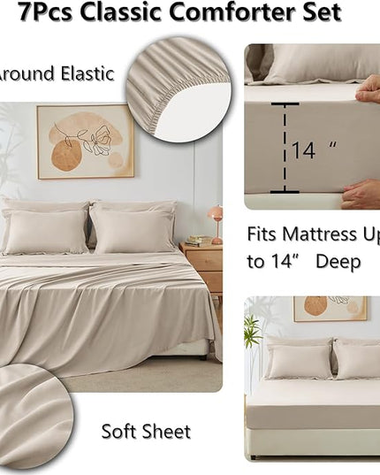 CozyLux Full Comforter Set with Sheets 7 Pieces Bed in a Bag Oatmeal All Season Bedding Sets with Comforter, Pillow Shams, Flat Sheet, Fitted Sheet and Pillowcases - LeafyLoom