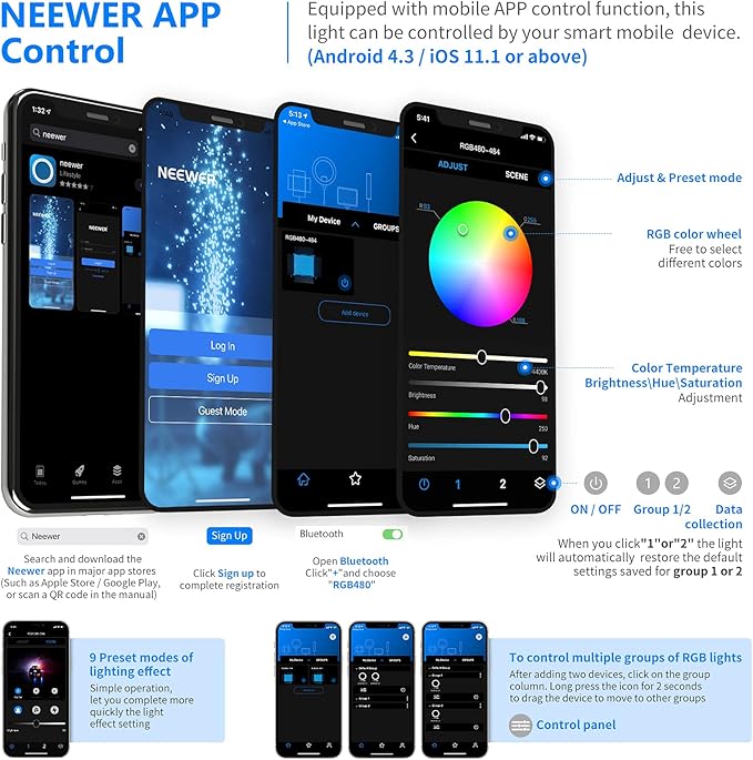 NEEWER 2 Packs 480 RGB Led Light with APP Control, Photography Video Lighting Kit with Stands and Bag, 480 SMD LEDs CRI95/3200K-5600K/Brightness 0-100%/0-360 Adjustable Colors/9 Applicable Scenes Neewer
