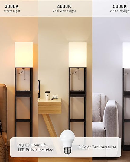SUNMORY Floor Lamp with Shelves,Modern Dimmable Solid Wood Standing Lamp with 1 Drawer and 2 USB Ports & 2 Power Outlet,Corner Tall Bookshelf Lamp for Living Room and Bedroom(Black) - LeafyLoom