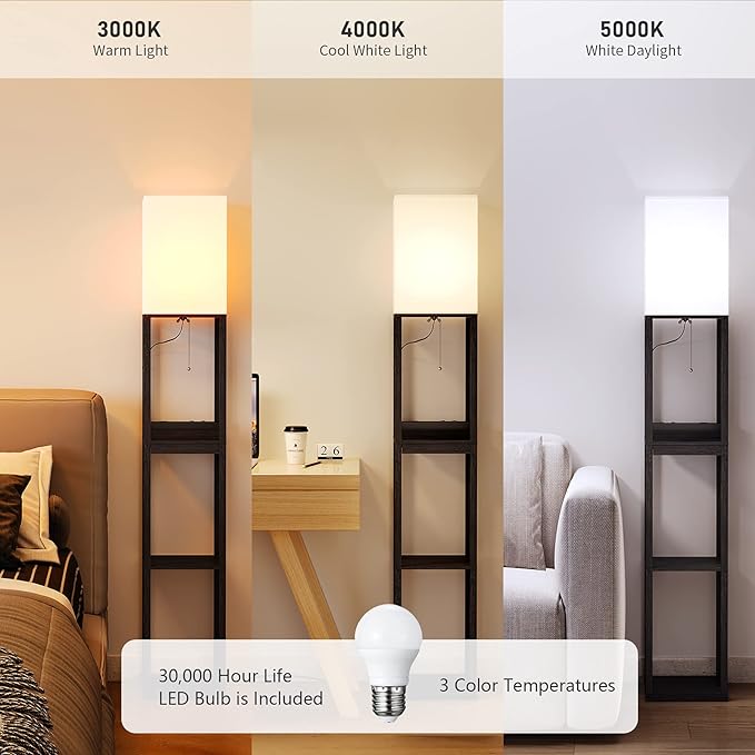 SUNMORY Floor Lamp with Shelves,Modern Dimmable Solid Wood Standing Lamp with 1 Drawer and 2 USB Ports & 2 Power Outlet,Corner Tall Bookshelf Lamp for Living Room and Bedroom(Black) - LeafyLoom