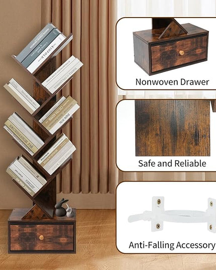 8-Tier Bookshelf Tree Bookshelf Book Tree with Drawer Wooden Bookshelves Storage Rack for CDs/Books, Shelves for Bedroom, Living Room & Office (Rustic Brown) - LeafyLoom