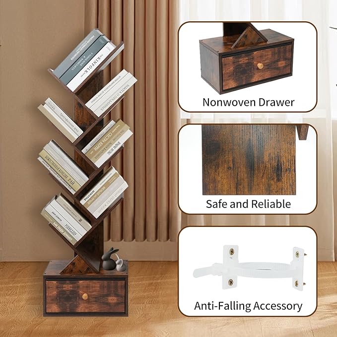 8-Tier Bookshelf Tree Bookshelf Book Tree with Drawer Wooden Bookshelves Storage Rack for CDs/Books, Shelves for Bedroom, Living Room & Office (Rustic Brown) - LeafyLoom