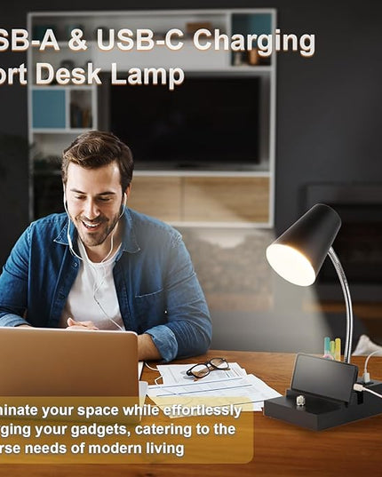 Study Desk Lamp with USB Charging and Type-C Night Light, Gooseneck LED Table Lamp Stepless Dimming Study Table Lamp with Pen Holder for College Dorm Bedroom and Office (Black) - LeafyLoom