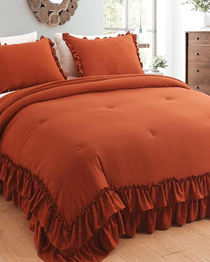Terracotta Ruffled Comforter King Size,Shabby Burnt Orange Chic Farmhouse Bedding Lightweight Fluffy Ruffle Bed Comforter Aesthetic Rustic Bed Set 3 Pieces - LeafyLoom