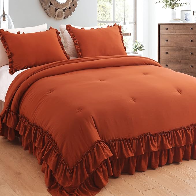 Terracotta Ruffled Comforter King Size,Shabby Burnt Orange Chic Farmhouse Bedding Lightweight Fluffy Ruffle Bed Comforter Aesthetic Rustic Bed Set 3 Pieces - LeafyLoom