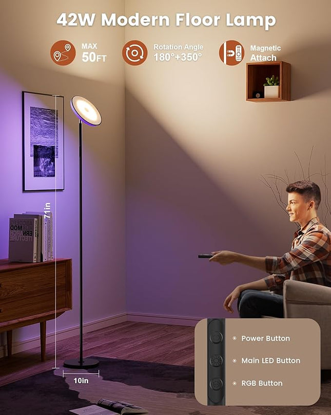 42W Floor Lamp, 3700LM Super Bright Standing Lamp with Side Light & Timer, Tall Lamp with Remote & Touch Control, 2700K-6500K Dimmable Torchiere Floor Lamp for Living Room, Office (Black) - LeafyLoom