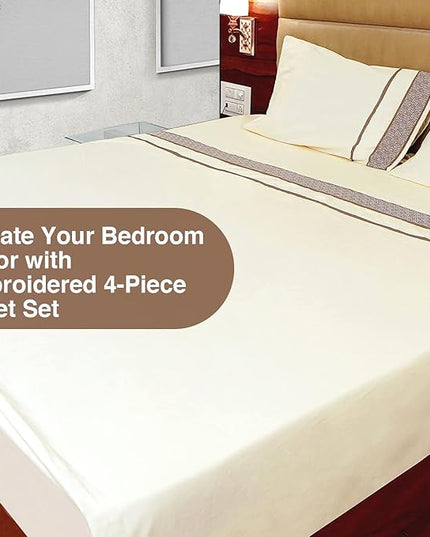 1000 Thread Count Egyptian Cotton Sheets King Size Set - 100% Cotton 4 Pc Bed Sheets, Luxury Hotel Cool Sheets, Breathable Soft Smooth Sateen Weave, 18" Deep Pocket - Taupe Embroidered Ivory Sheets - LeafyLoom