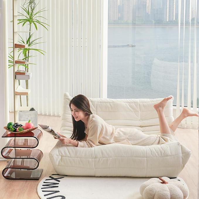 N&V Fireside Loveseat, Mid Century Armless Twin Size Floor Sofa, Soft Premium Corduroy Floor Lounge Chair, Foam Sofa Accent Chair for Living Room Bedroom and Office, Ivory - LeafyLoom