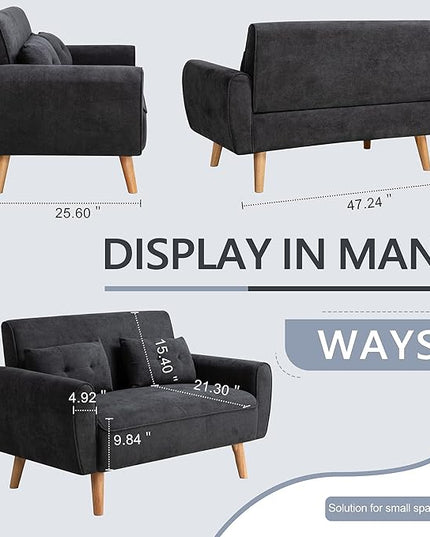 Shintenchi 47" Black Wood Loveseat Sofa, 350 lbs Weight Capacity, Simple Assembly Required - LeafyLoom