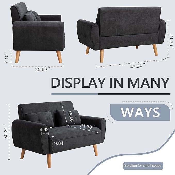 Shintenchi 47" Black Wood Loveseat Sofa, 350 lbs Weight Capacity, Simple Assembly Required - LeafyLoom