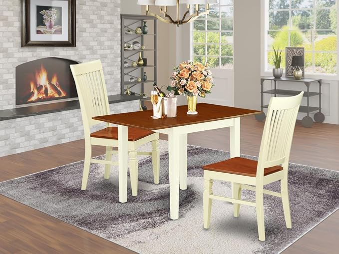 East West Furniture NDWE3-WHI-W Norden 3 Piece Set for Small Spaces Contains a Rectangle Dining Room Table with Dropleaf and 2 Wooden Seat Chairs, 30x48 Inch - LeafyLoom