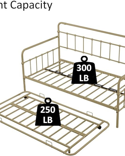 Twin Size Bed W/Slats,Metal Frame Daybed with Trundle & Anti-Noise Design,Space-Saving,Easy to Install,for Living Room Bedroom Apartment,Bronze - LeafyLoom